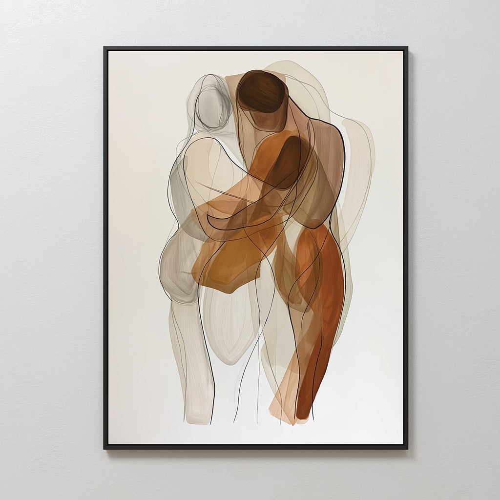 Embrace Abstract Canvas Art features three human figures in earthy tones, overlapping with fluid lines and soft blending. Beautifully framed, it’s perfect modern wall decor for your living room, displayed against a plain white wall.