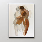 Embrace Abstract Canvas Art features three human figures in earthy tones, overlapping with fluid lines and soft blending. Beautifully framed, it’s perfect modern wall decor for your living room, displayed against a plain white wall.
