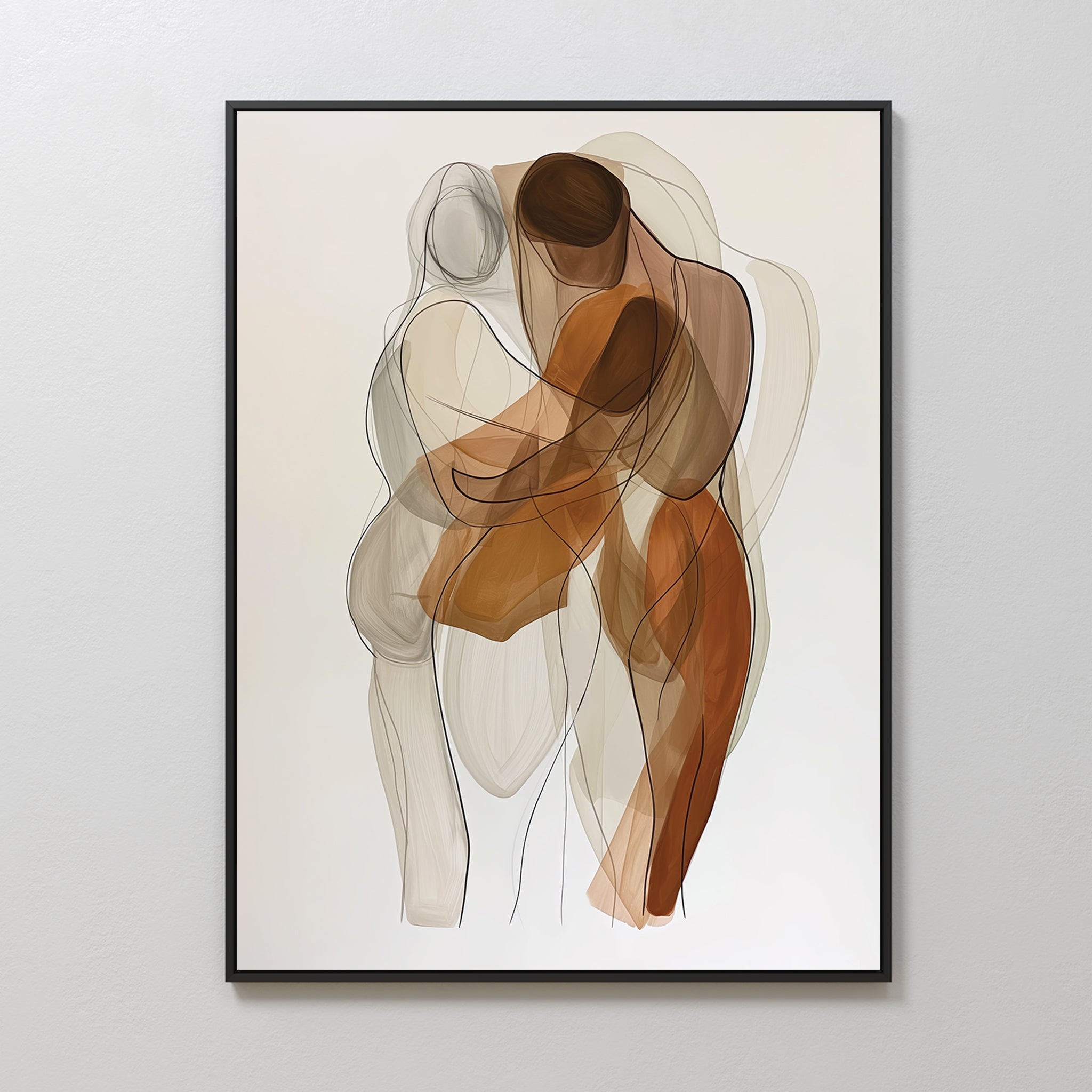 Embrace Abstract Canvas Art features three human figures in earthy tones, overlapping with fluid lines and soft blending. Beautifully framed, it’s perfect modern wall decor for your living room, displayed against a plain white wall.
