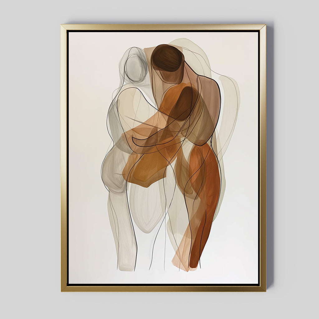 The Embrace Abstract Canvas Art features three intertwined, semi-transparent human figures in earth tones against a white background. Overlapping lines evoke connection, making this minimalist wall art ideal for modern living room decor.