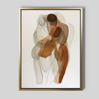 The Embrace Abstract Canvas Art features three intertwined, semi-transparent human figures in earth tones against a white background. Overlapping lines evoke connection, making this minimalist wall art ideal for modern living room decor.