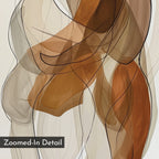 Embrace Abstract Canvas Art features flowing, translucent shapes in warm brown, beige, and tan tones with thin, curving black lines. Ideal as minimalist or modern wall art to elevate your living room decor. "Zoomed-In Detail" label bottom left.