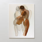 The Embrace Abstract Canvas Art features three overlapping, semi-transparent human figures in brown, beige, and tan on a white background, creating a modern look that evokes unity—perfect for minimalist living room decor.