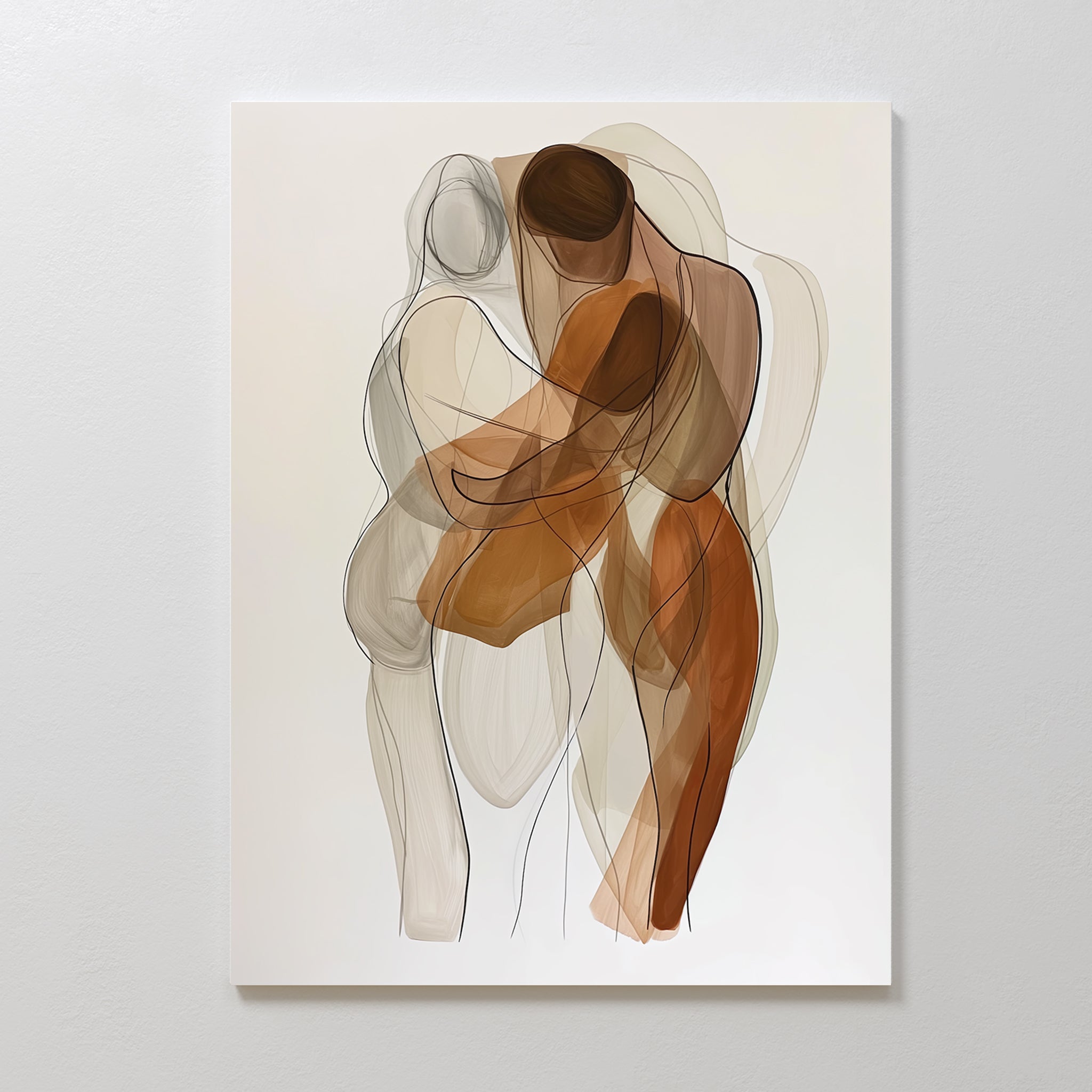The Embrace Abstract Canvas Art features three overlapping, semi-transparent human figures in brown, beige, and tan on a white background, creating a modern look that evokes unity—perfect for minimalist living room decor.