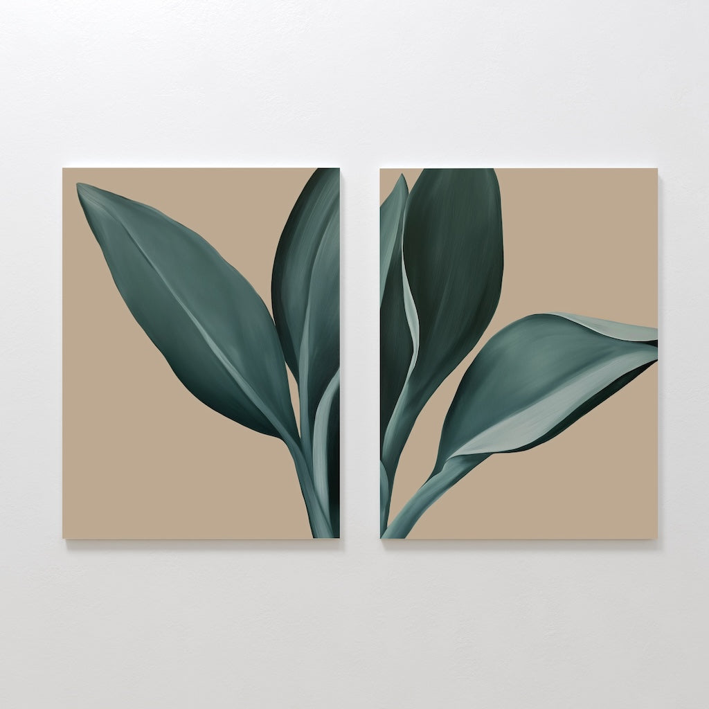 The Emerald Poise Set of 2 features canvas panels with bold green abstract leaves on beige, creating a complementary minimalist wall art piece ideal for modern living room decor.