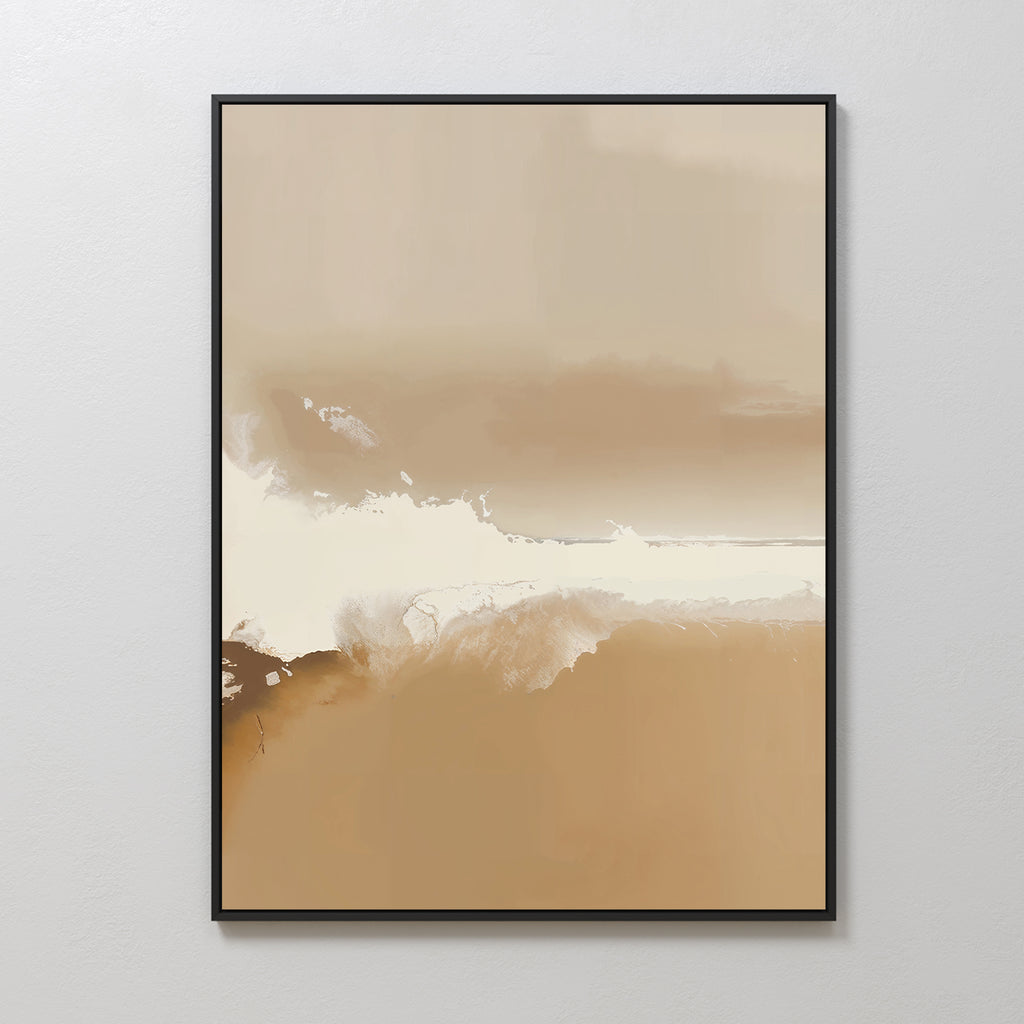 The Ethereal Plains Abstract Canvas Art features warm beige and brown tones with white and tan brushstrokes, set in a thin black frame—ideal minimalist wall art for modern living room decor on a light gray wall.