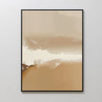 The Ethereal Plains Abstract Canvas Art features warm beige and brown tones with white and tan brushstrokes, set in a thin black frame—ideal minimalist wall art for modern living room decor on a light gray wall.