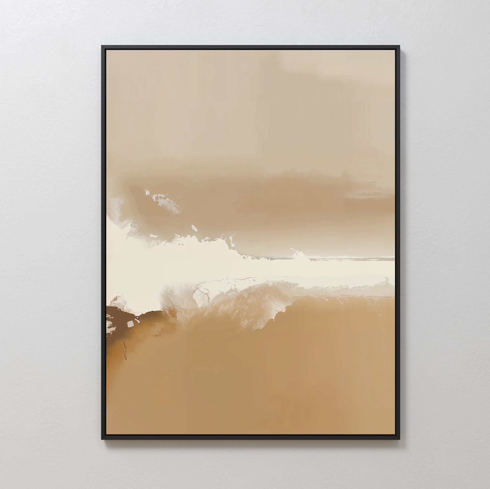 The Ethereal Plains Abstract Canvas Art features warm beige and brown tones with white and tan brushstrokes, set in a thin black frame—ideal minimalist wall art for modern living room decor on a light gray wall.