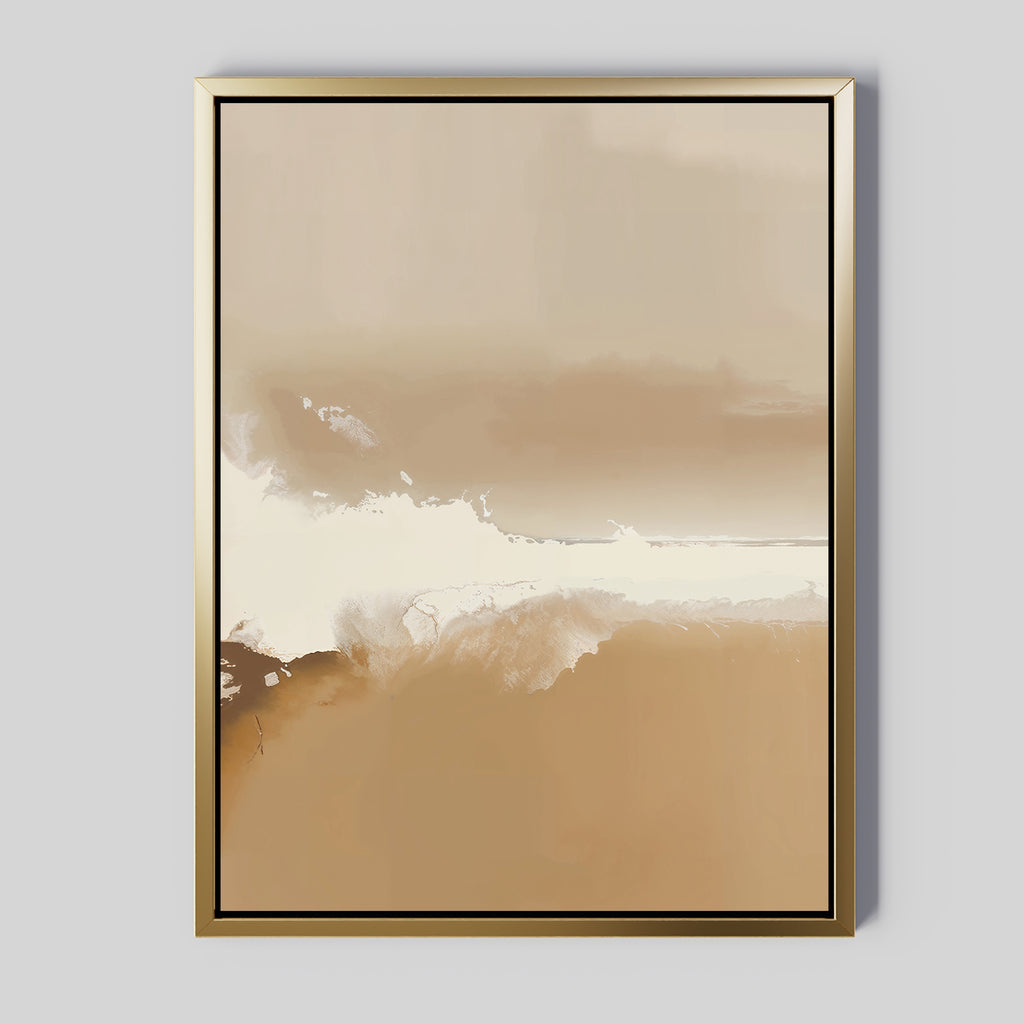 The Ethereal Plains Abstract Canvas Art features soft blends of beige, cream, and brown with a white accent center, set in a thin gold frame—an ideal piece of modern wall art for elegant living room decor.