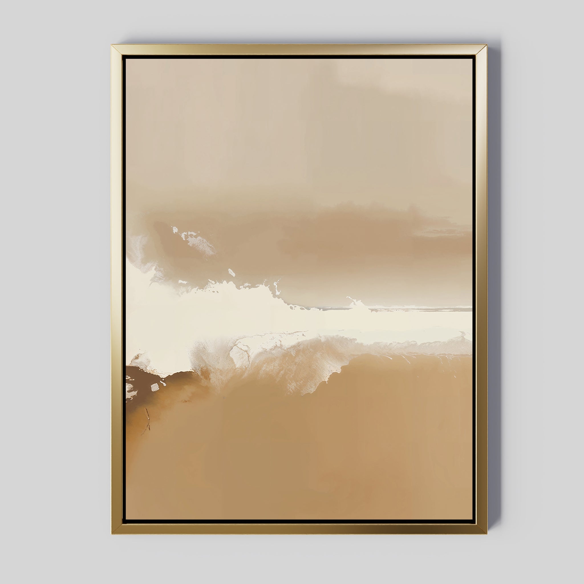 The Ethereal Plains Abstract Canvas Art features soft blends of beige, cream, and brown with a white accent center, set in a thin gold frame—an ideal piece of modern wall art for elegant living room decor.