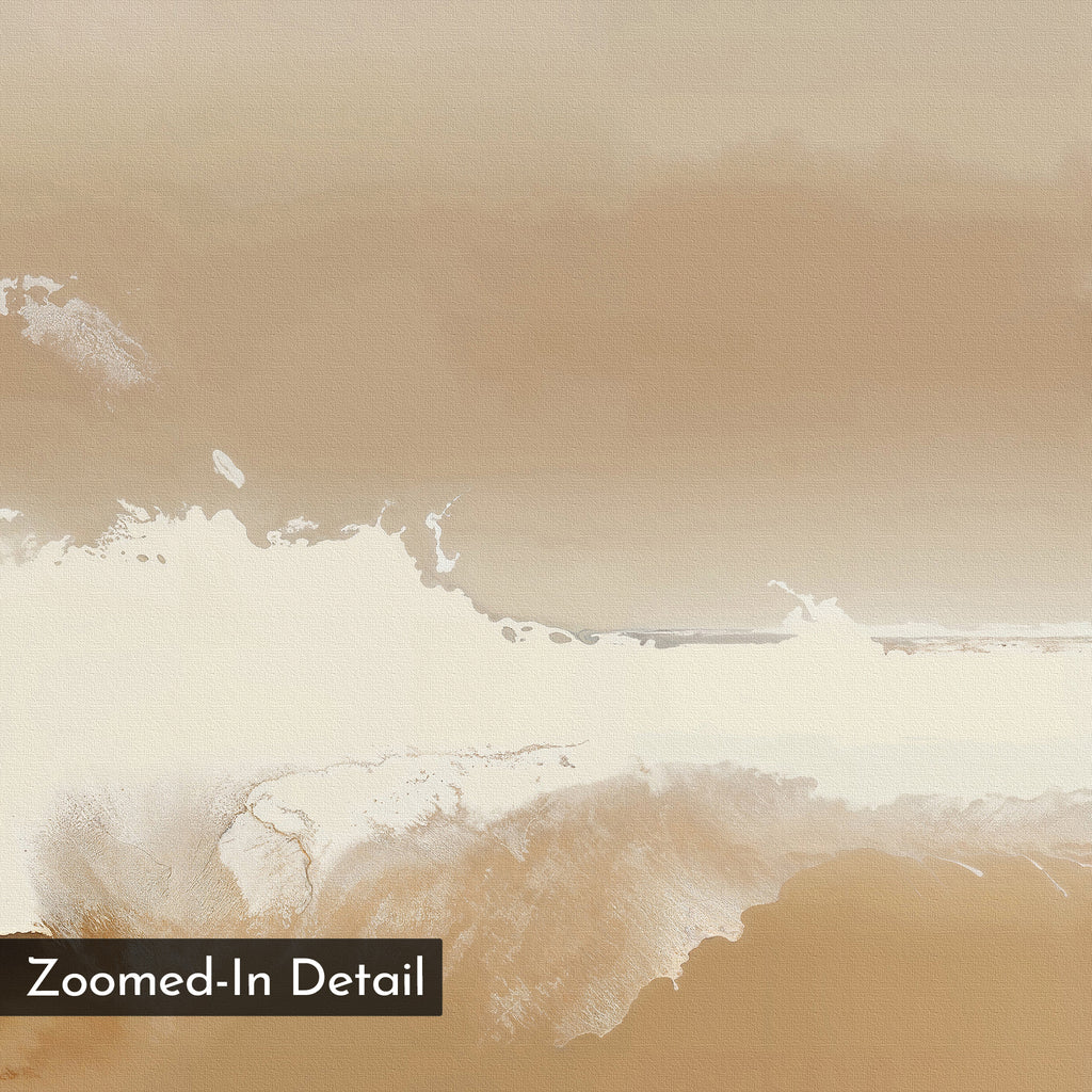 Ethereal Plains Abstract Canvas Art features beige, tan, and white tones blending in wave-like textures, creating a modern look. A dark box at the lower left reads Zoomed-In Detail. Ideal for living room decor.
