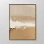 The Ethereal Plains Abstract Canvas Art features blended, cloud-like shapes in beige, tan, and cream with a horizontal sweep of light color. Framed and perfect for minimalist living rooms, this modern wall art enhances any plain white wall.