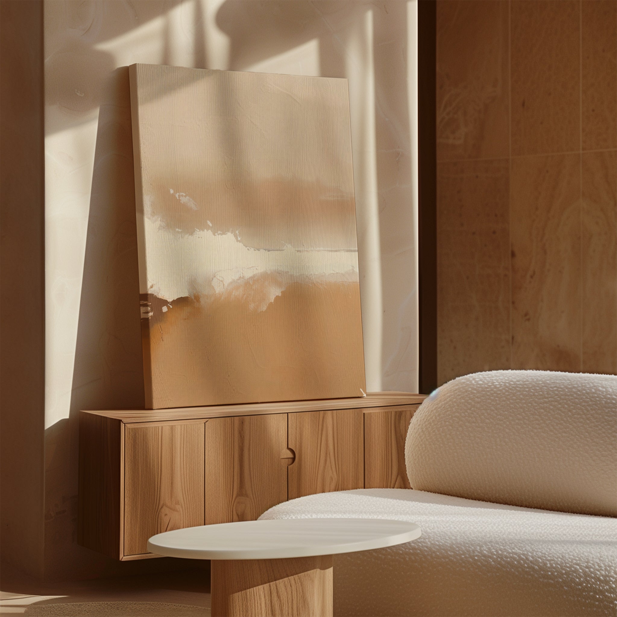 A minimalist living room with warm beige tones features a wooden sideboard, the Ethereal Plains Abstract Canvas Art in soft neutrals, a round white coffee table, and a textured white sofa bathed in natural sunlight.