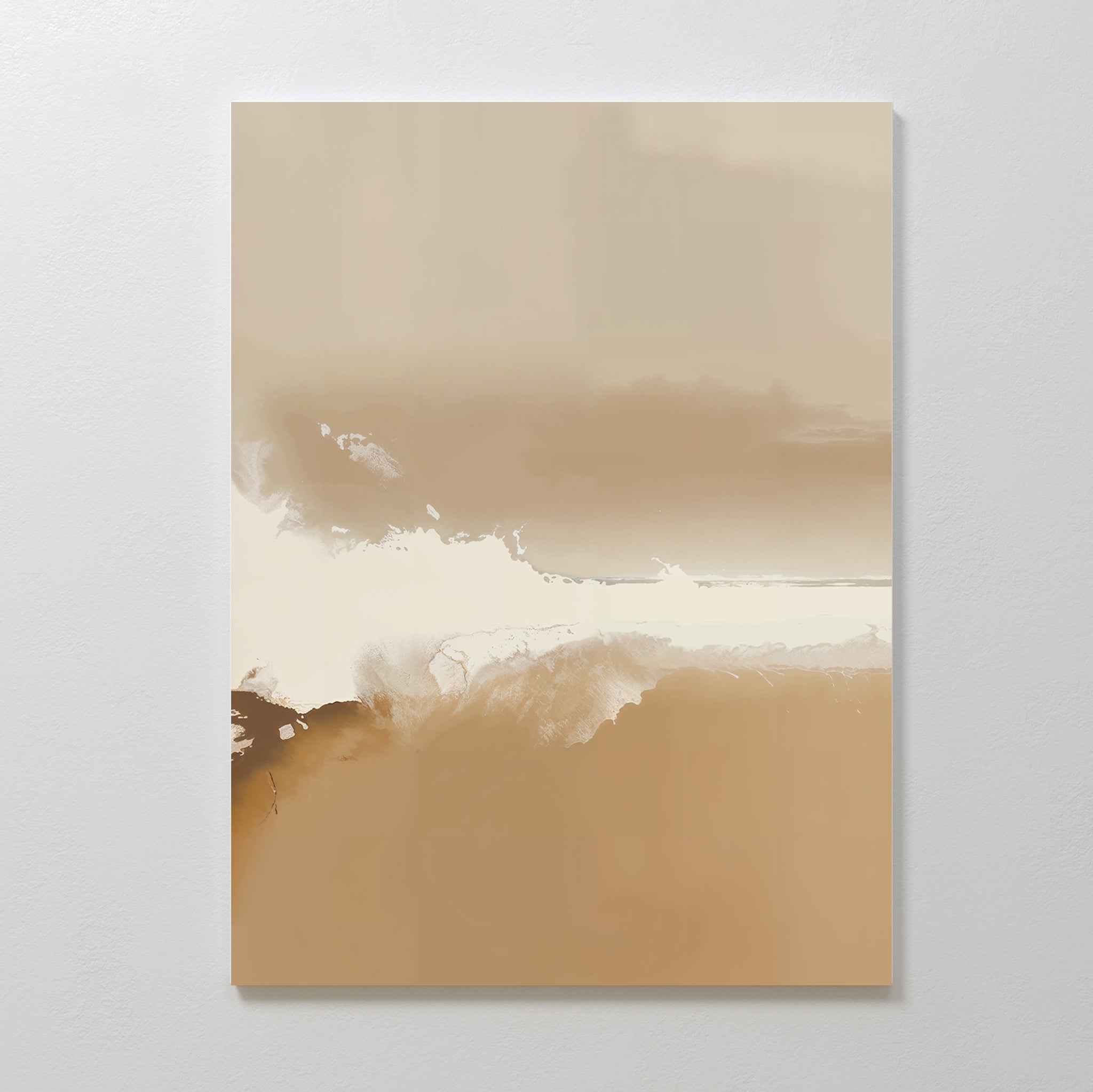 The Ethereal Plains Abstract Canvas Art features neutral beige, tan, white, and light brown tones with soft, blended edges—perfect modern wall art to enhance stylish living room decor when mounted on a white wall.