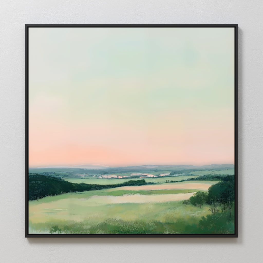 Add tranquility to your bedroom or living room with the Evening Hues Abstract Canvas Art, featuring rolling green hills, tree clusters, and a pastel sky in pink and blue—framed for a serene wall display.