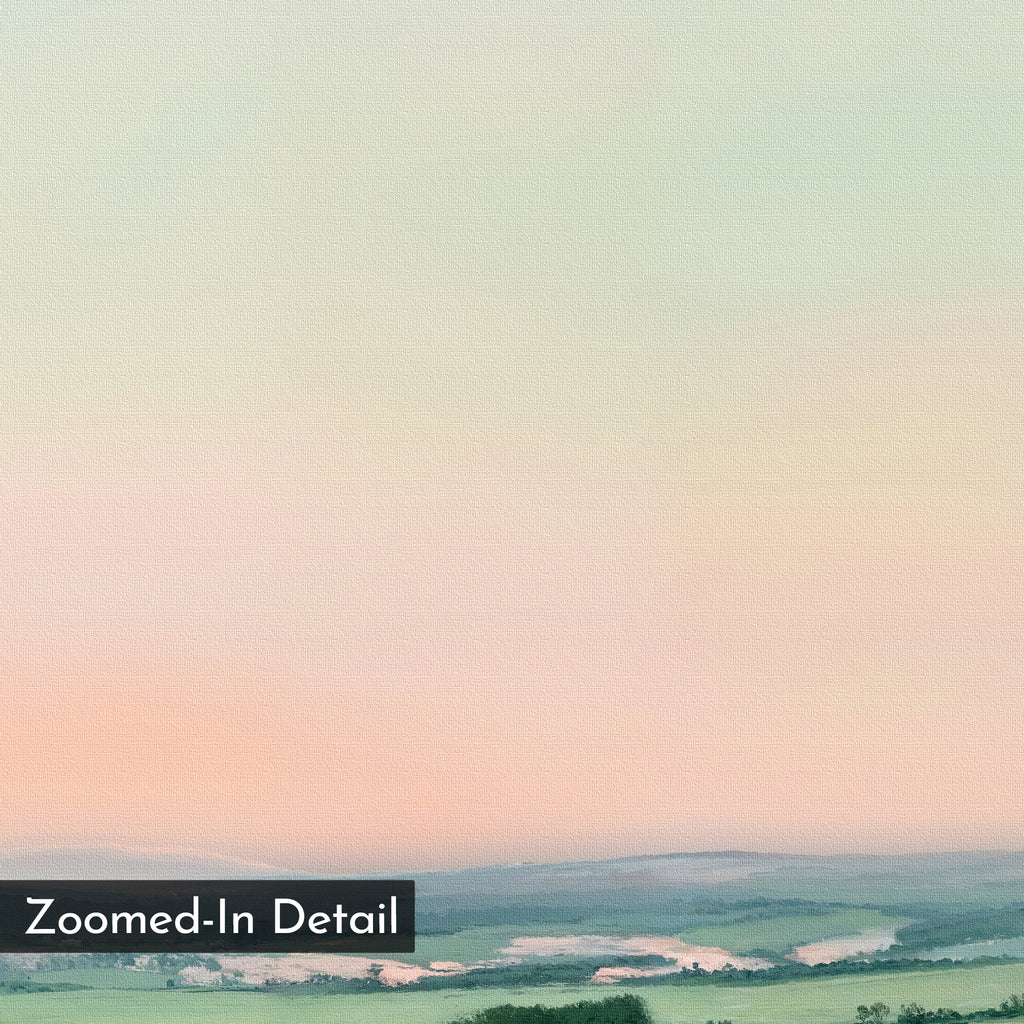 Evening Hues Canvas Art – Horizontal features a soft, pastel landscape with green fields, distant hills, and a pale dusk sky in smooth texture; a black “Zoomed-In Detail” label appears in the corner. Perfect for living room decor.