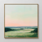 The Evening Hues Abstract Canvas Art, featuring serene landscapes in soft pastel tones, is displayed on a white wall, making it a perfect choice for bedroom decor.