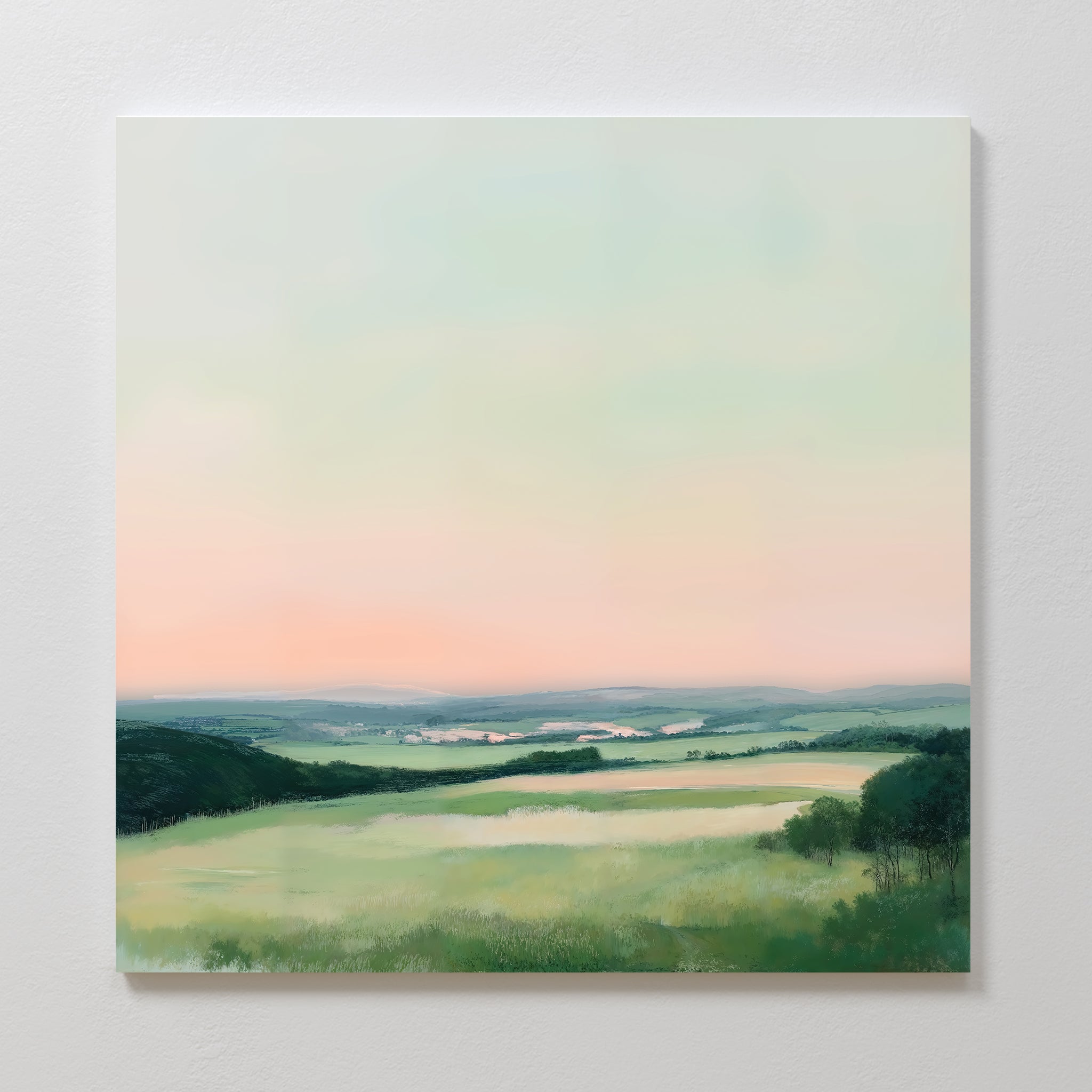 Evening Hues Abstract Canvas Art features soft, pastel hills beneath a hazy sunset sky with pink and blue tones; distant hills and foreground trees make this print ideal for enhancing your living room decor.