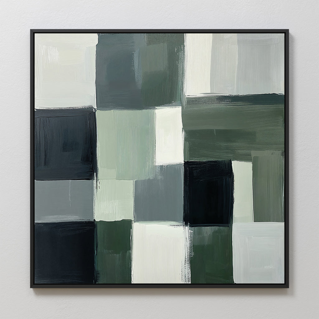 The Evergreen Abstract Canvas Art features a grid of overlapping rectangles in green, gray, white, and black with visible brushstrokes for added texture—perfect for making a statement on any plain white wall.