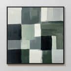 The Evergreen Abstract Canvas Art features a grid of overlapping rectangles in green, gray, white, and black with visible brushstrokes for added texture—perfect for making a statement on any plain white wall.