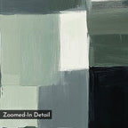 Evergreen Abstract Canvas Art features overlapping rectangles in green, white, grey, and black with bold brushstrokes for modern texture. The bottom left corner includes a label: Zoomed-In Detail.