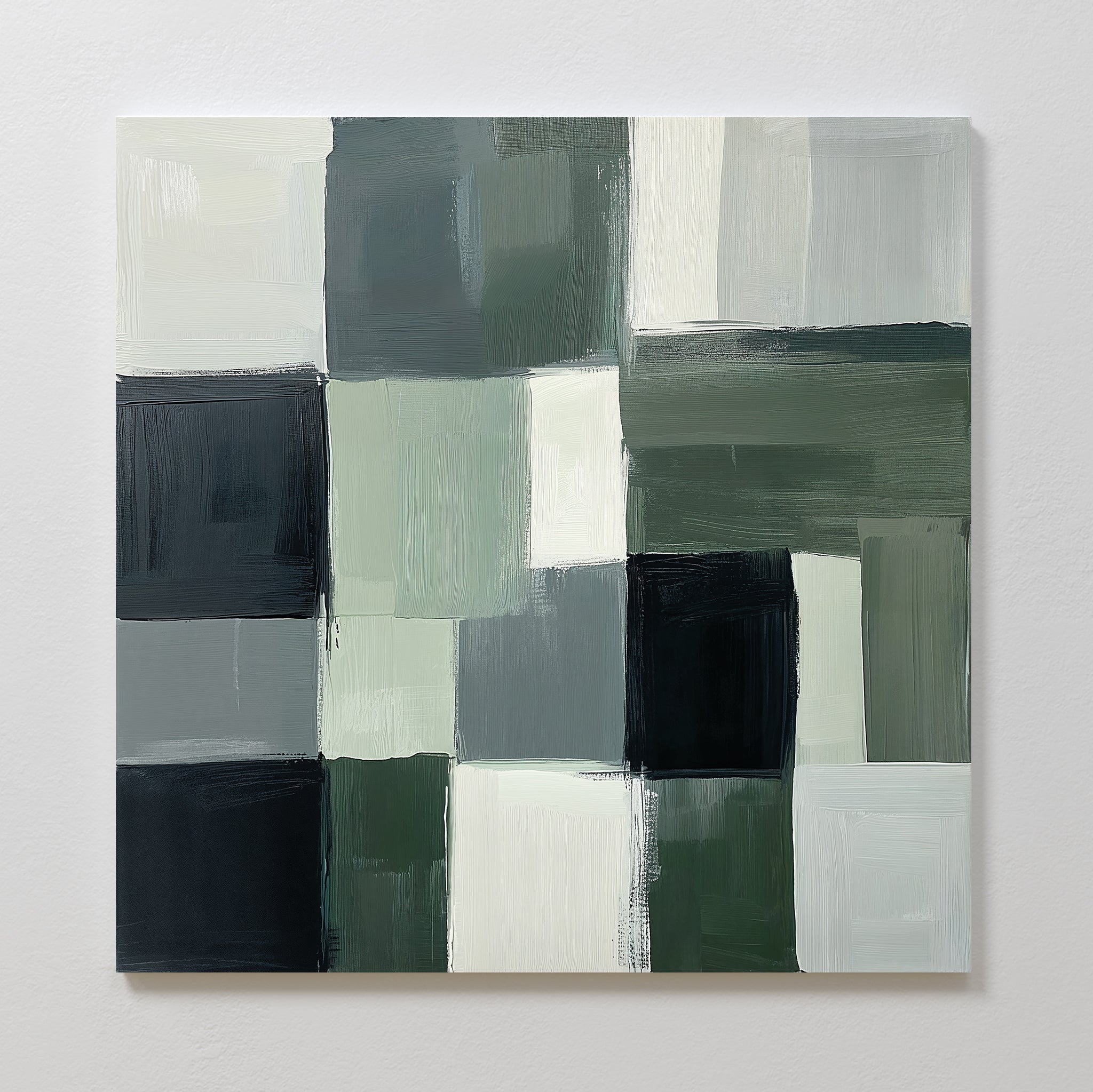 The Evergreen Abstract Canvas Art features a grid of overlapping rectangles in green, gray, white, and black with visible brush strokes and textured edges on a square canvas displayed against a white wall.