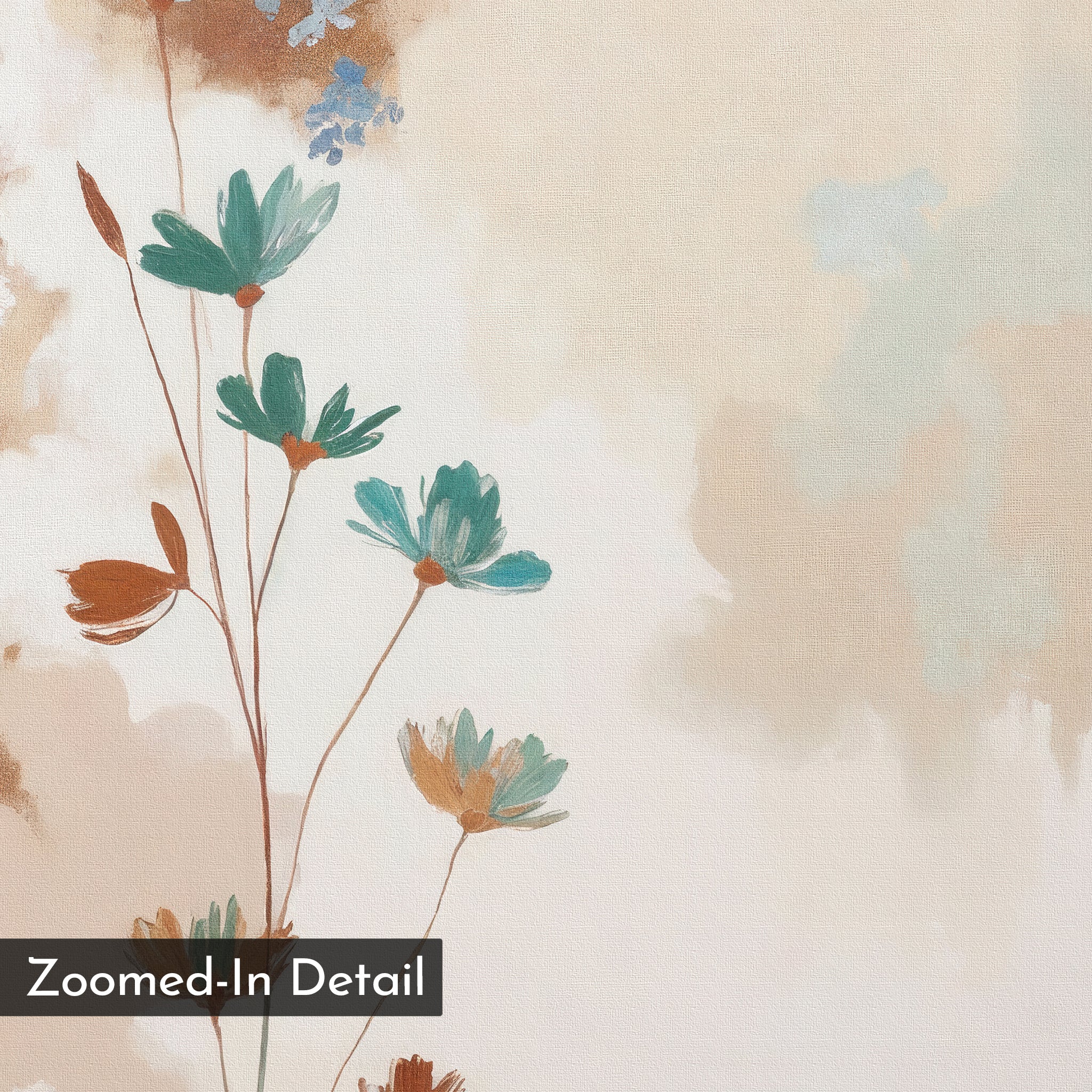 Zoomed-in detail of the Faded Flora Canvas Art showcases delicate green and brown flowers on slender stems with a soft beige and cream background. The phrase "Zoomed-In Detail" appears in the lower left—ideal for vintage-inspired decor.