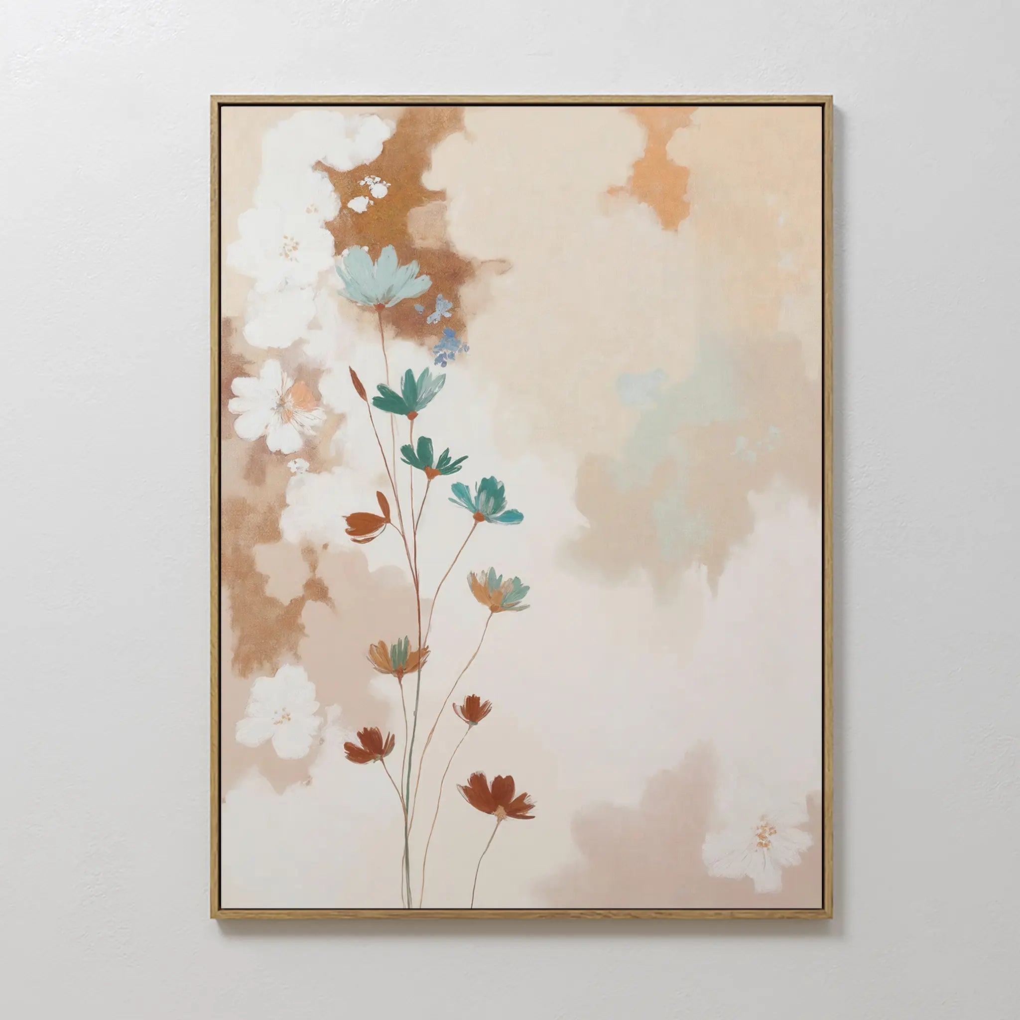The Faded Flora Canvas Art features delicate teal, brown, and white flowers on thin stems against a soft beige and peach watercolor background, adding a light and airy vintage-inspired touch to your decor.