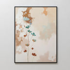 Faded Flora Canvas Art showcases delicate teal, brown, and white flowers with an abstract beige and tan watercolor background. This minimalist, vintage-inspired canvas features centered stems and soft color washes for elegant wall decor.