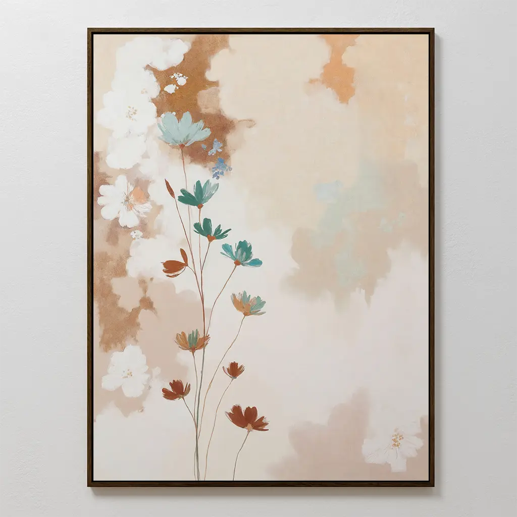 The Faded Flora Canvas Art features teal and rust petals on a soft beige and light brown abstract background. Its minimalistic, elegant style makes it ideal for vintage-inspired decor. Framed and ready to hang.