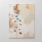 The Faded Flora Canvas Art showcases delicate teal, white, and brown flowers on slender stems set against a soft beige and peach abstract background for a vintage-inspired touch.