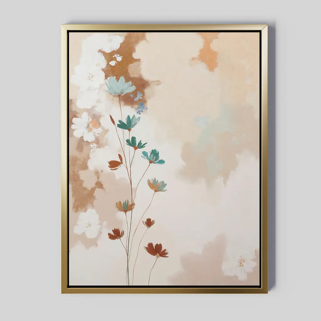 Faded Flora Canvas Art features delicate teal and red-petaled flowers with brown stems on an abstract beige and peach background, accented with white florals—a perfect choice for minimalist canvas wall décor.