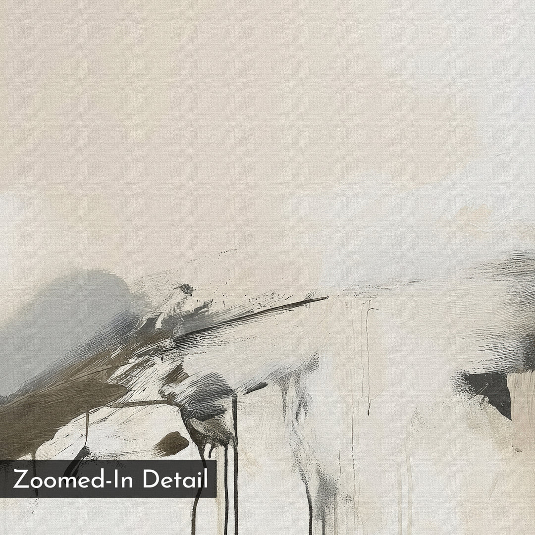 Faded Memory Canvas Art features soft beige and cream tones with sweeping black and gray brushstrokes and visible canvas texture. A “Zoomed-In Detail” label appears in the bottom left, perfect for minimalist living room decor.