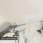 Faded Memory Canvas Art features soft beige and cream tones with sweeping black and gray brushstrokes and visible canvas texture. A “Zoomed-In Detail” label appears in the bottom left, perfect for minimalist living room decor.