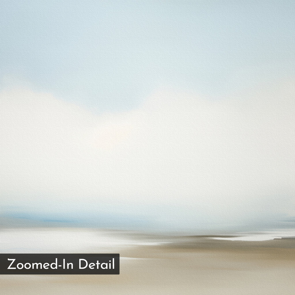 The Faded Silence Canvas Art features a soft, abstract landscape with blurred beige, gray, light blue, and white hues, creating a calm, minimalist look. "Zoomed-In Detail" text appears in the lower left corner—perfect for serene wall decor.