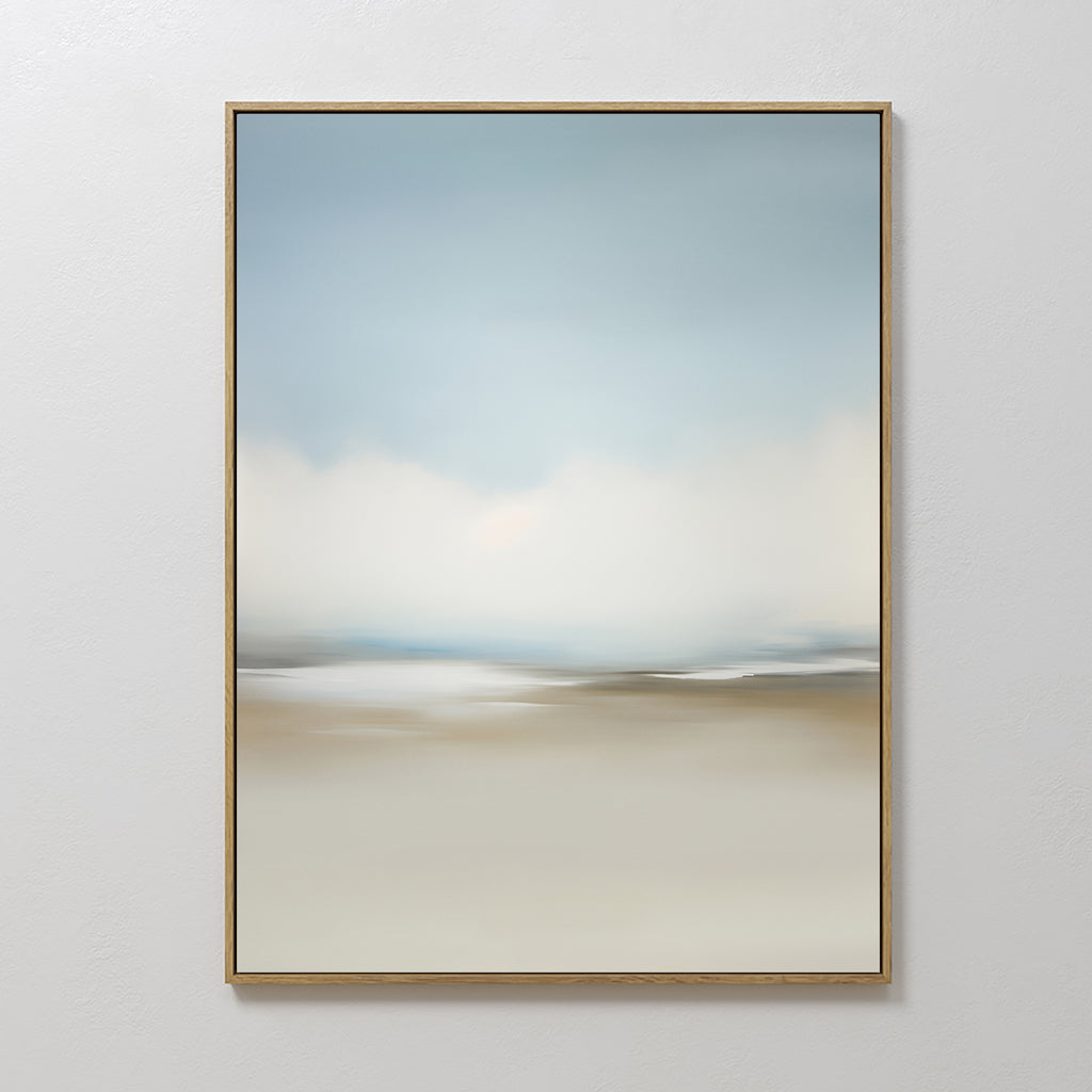 Faded Silence Canvas Art features soft, blurred blue, white, and beige tones suggesting a serene minimalist landscape. This framed abstract piece adds calm elegance to any plain white wall.