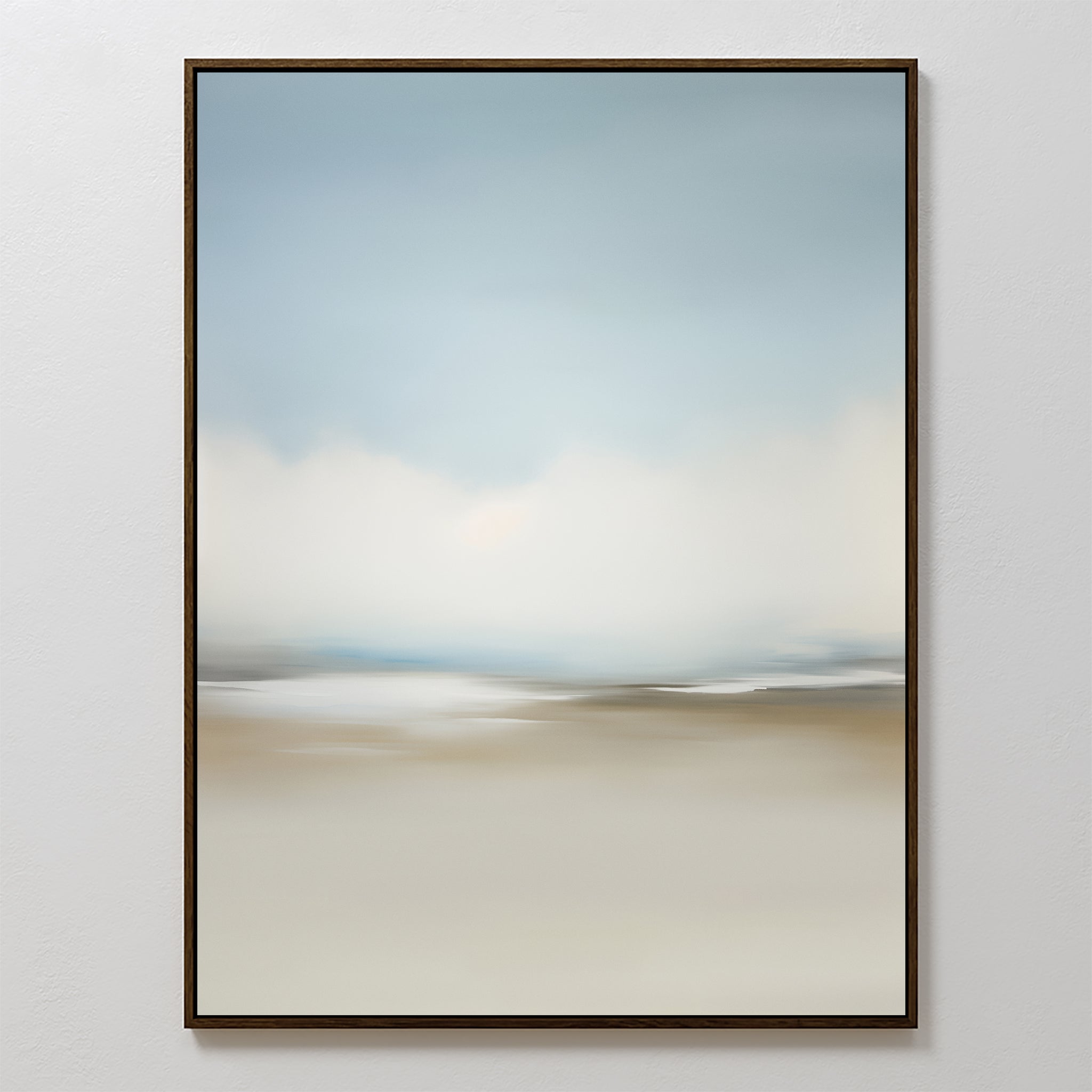 The Faded Silence Canvas Art features soft, blurred blue, white, and beige tones that evoke a serene landscape or sky—perfect for adding modern style to a white wall.