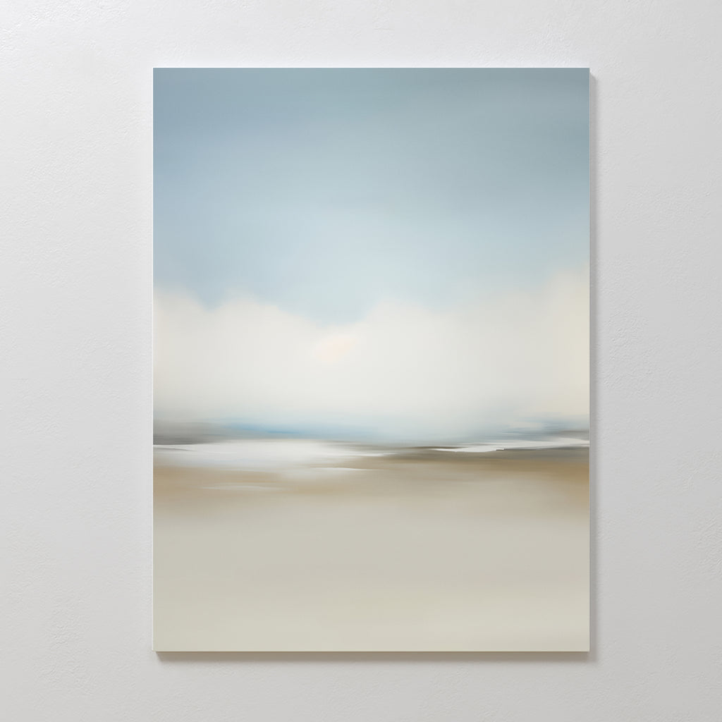Faded Silence Canvas Art features soft, blurred tones of blue, white, and beige in a minimalist abstract landscape—ideal modern wall decor to bring a calm, serene atmosphere to any room.