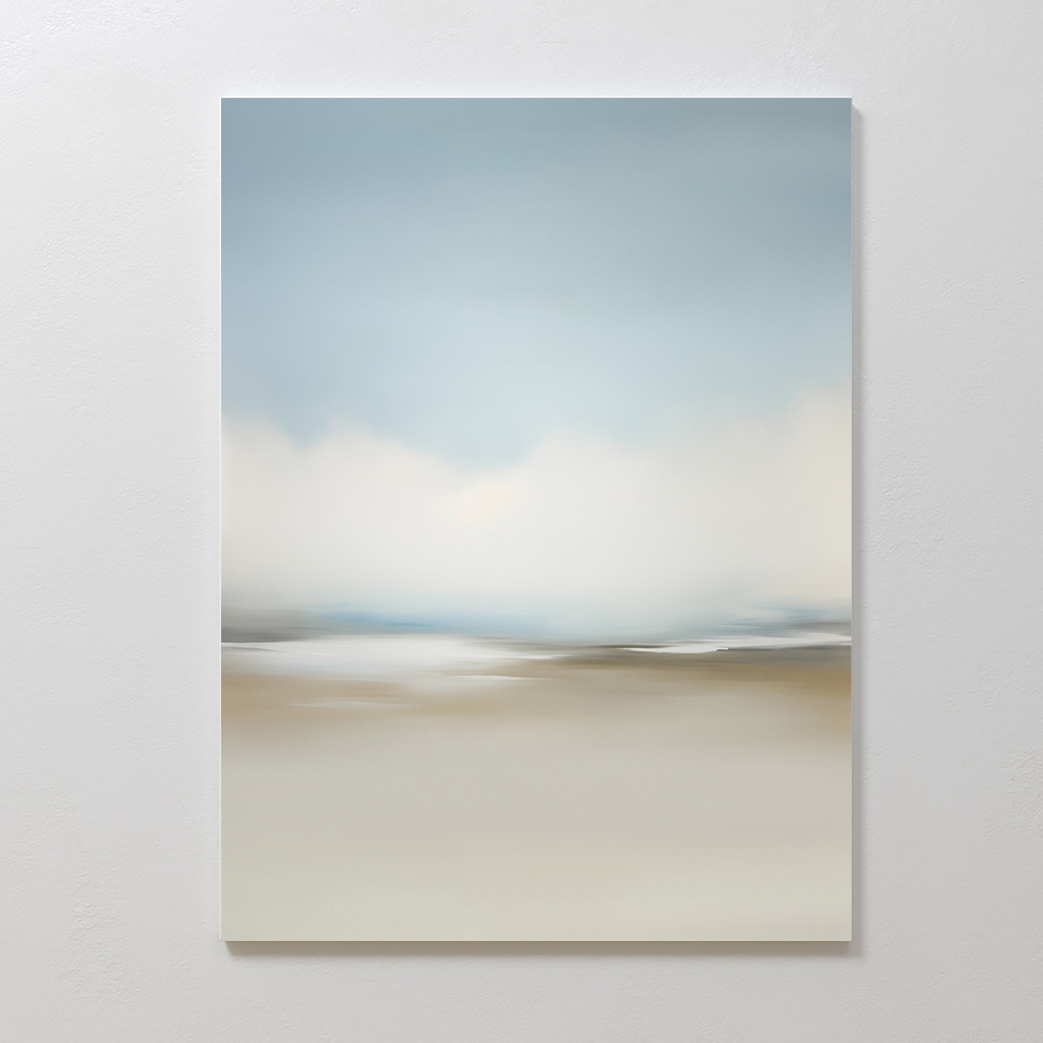Faded Silence Canvas Art features soft, blurred tones of blue, white, and beige in a minimalist abstract landscape—ideal modern wall decor to bring a calm, serene atmosphere to any room.
