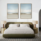 A modern bedroom featuring a low green upholstered bed with white bedding, beige bedside tables and matching lamps, and the "Faded Silence Set of 2" abstract wall art as decor above the bed.