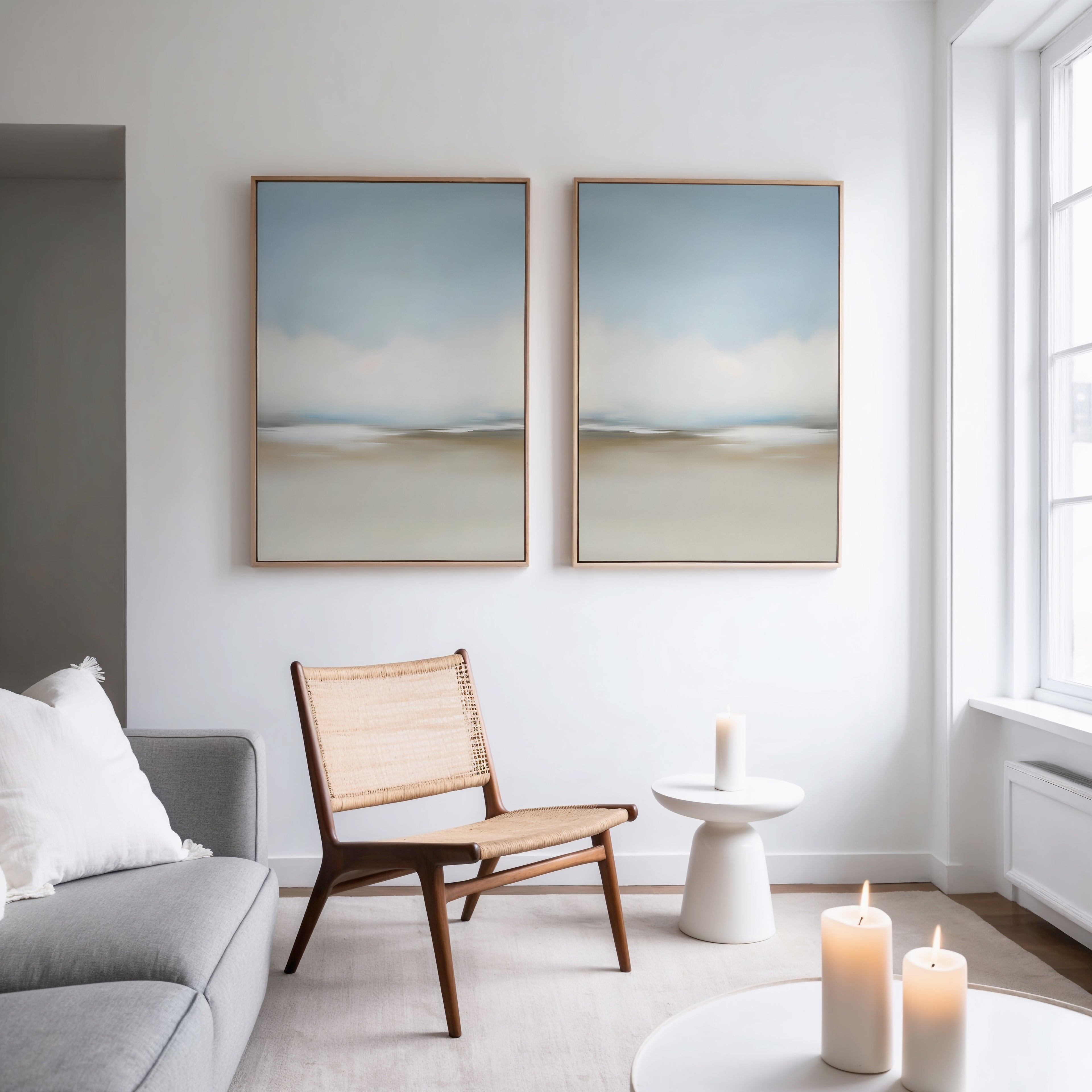 A minimal, modern living room with a gray sofa, woven chair, small white side table, and lit candles. The Faded Silence Set of 2 abstract wall art hangs on a white wall beside a large window, enhancing the serene atmosphere.