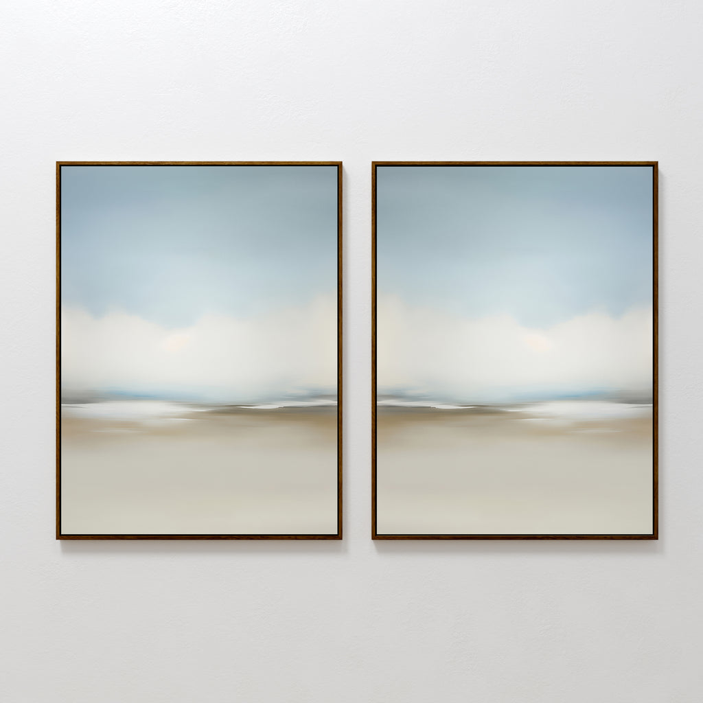 The Faded Silence Set of 2 features framed abstract wall art in soft, blurred blue and beige tones, hanging side by side to create a calm, minimalist vibe—perfect for modern decor.