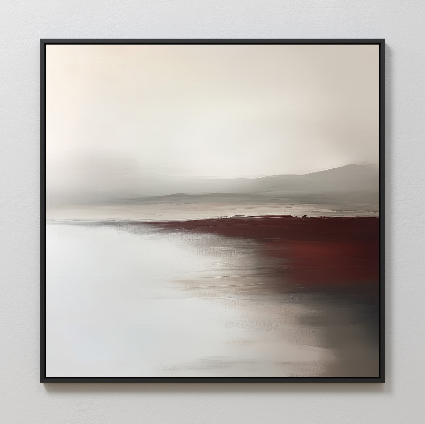 Fading Light Canvas Art features a minimalist landscape with soft, blurred beige, white, and deep red tones. This abstract shoreline scene evokes tranquility—ideal calming wall art for living room decor.