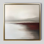 Fading Light Canvas Art presents a minimalist abstract landscape in a gold frame, with soft muted tones, gentle hills, a reddish-brown strip of land, and pale blurred reflections—perfect for elegant living room decor.