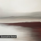 Fading Light Canvas Art features soft, blended brushstrokes in white, gray, and deep brown, evoking a misty landscape. Minimalist wall art, ideal for living room decor. A corner label reads “Zoomed-In Detail.”.