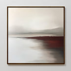Fading Light Canvas Art is a framed abstract painting in soft, muted tones with dark red and brown areas evoking a landscape reflected on water—a minimalist design that adds serene beauty to your living room decor.