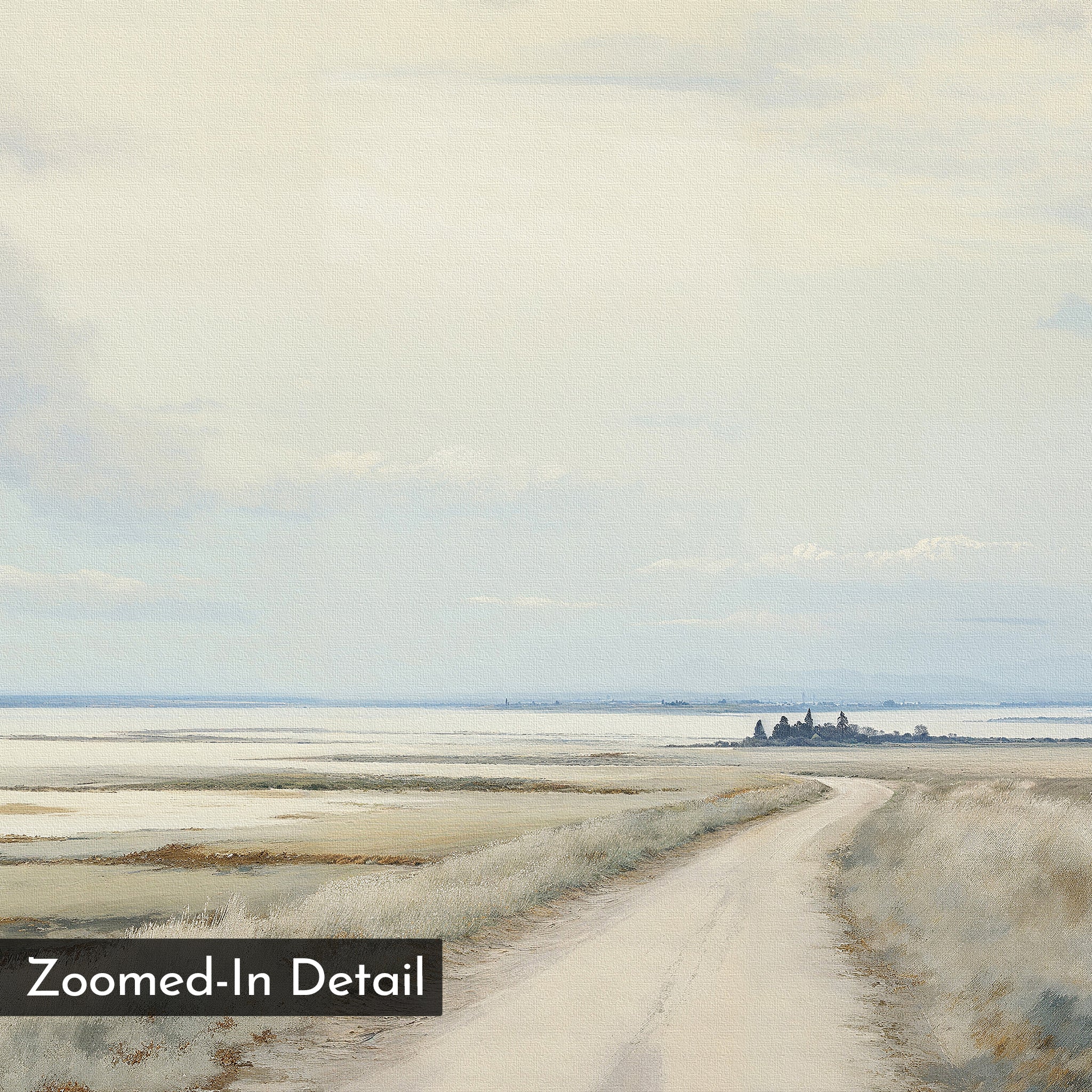 A winding dirt road cuts through dry grass toward distant buildings beneath a pale sky in "Far Light Canvas Art." Its soft, painted texture creates serene, minimalist decor. A label reads “Zoomed-In Detail.”.