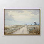 Far Light Canvas Art features a rural landscape with a dirt road, grassy fields, distant buildings, and a single tree under a cloudy sky. Its soft, muted colors make it ideal for minimalist decor and evoke calm simplicity.