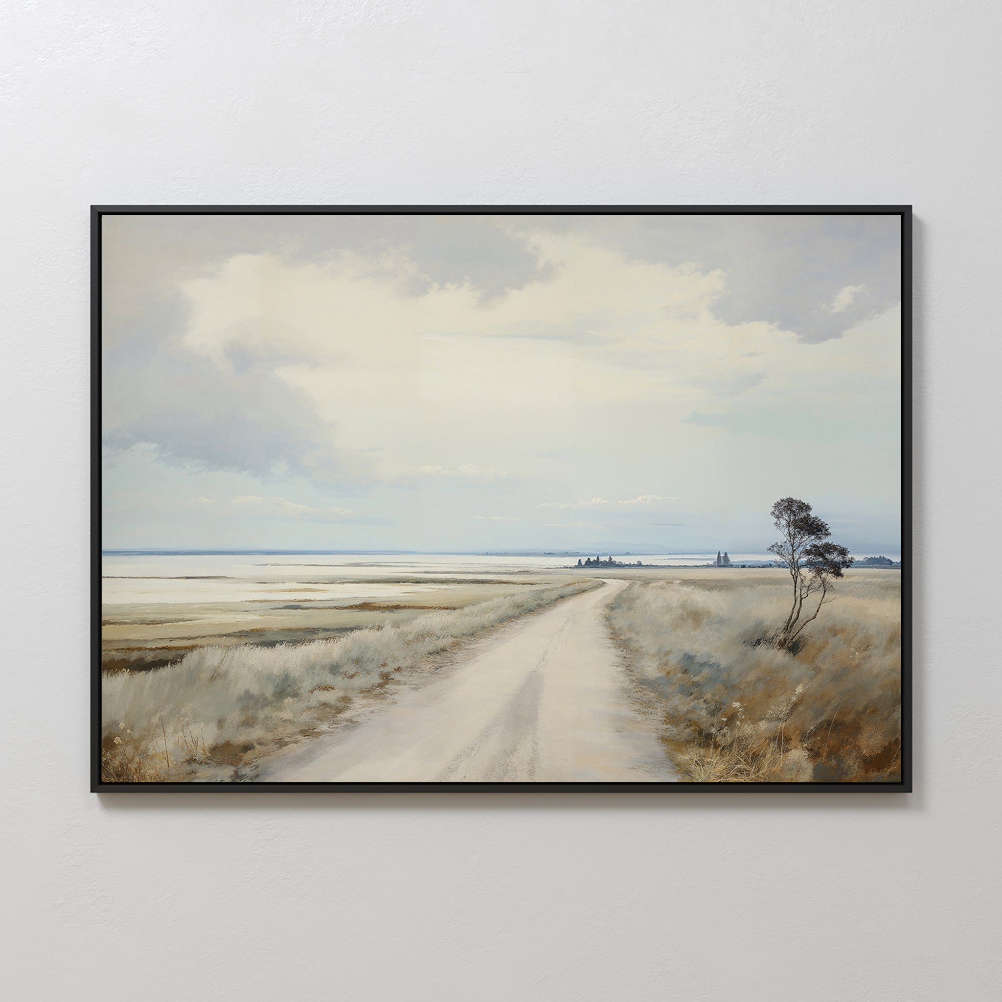 Far Light Canvas Art: Framed canvas with a dirt road winding through grassy fields beneath a cloudy sky; minimalist wall art featuring subtle trees and distant buildings—ideal for modern decor.