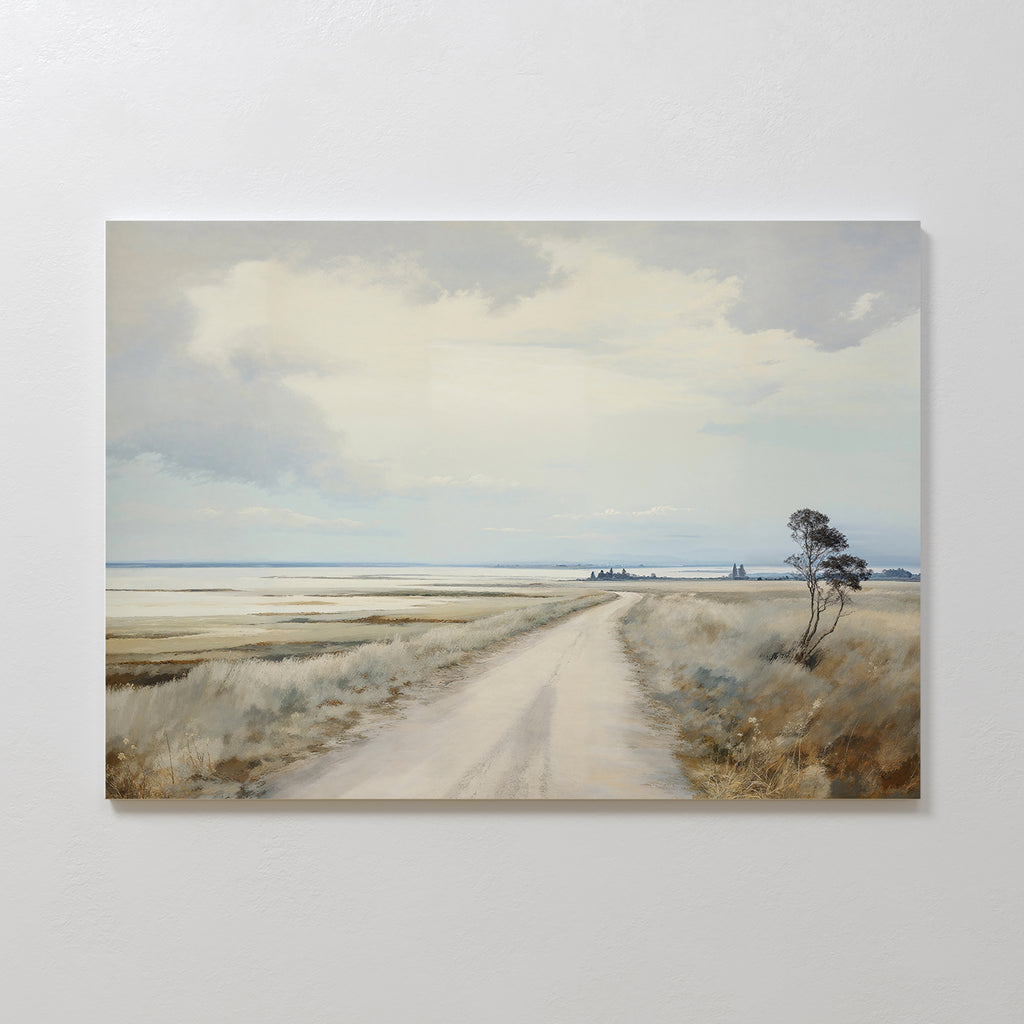 Far Light Canvas Art captures a quiet dirt road winding through grassy plains under cloudy skies, with distant and foreground trees—ideal minimalist decor or serene wall art for any space.